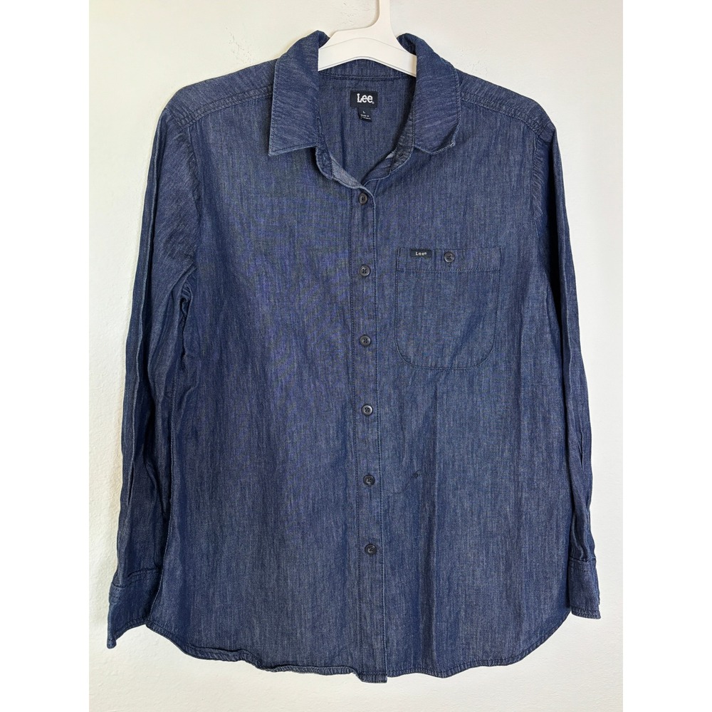 Lee Womens Blue Chambray Denim Button Down Long Sleeve Shirt Large